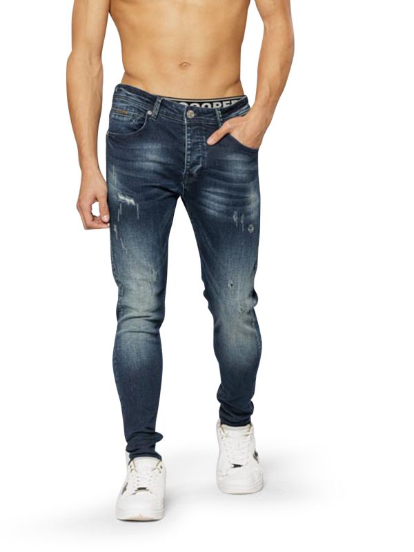 מכנסי ג’ינס סקיני בצבע כחול כהה משופשף עם קרעים לגברים