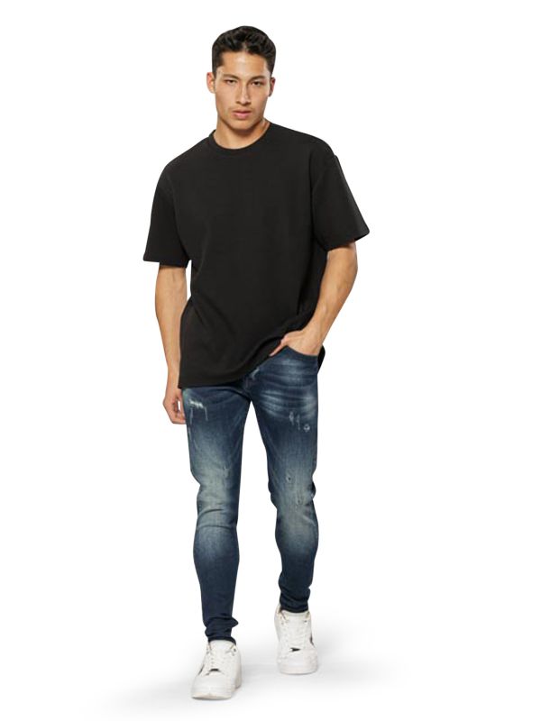 מכנסי ג’ינס סקיני בצבע כחול כהה משופשף עם קרעים לגברים