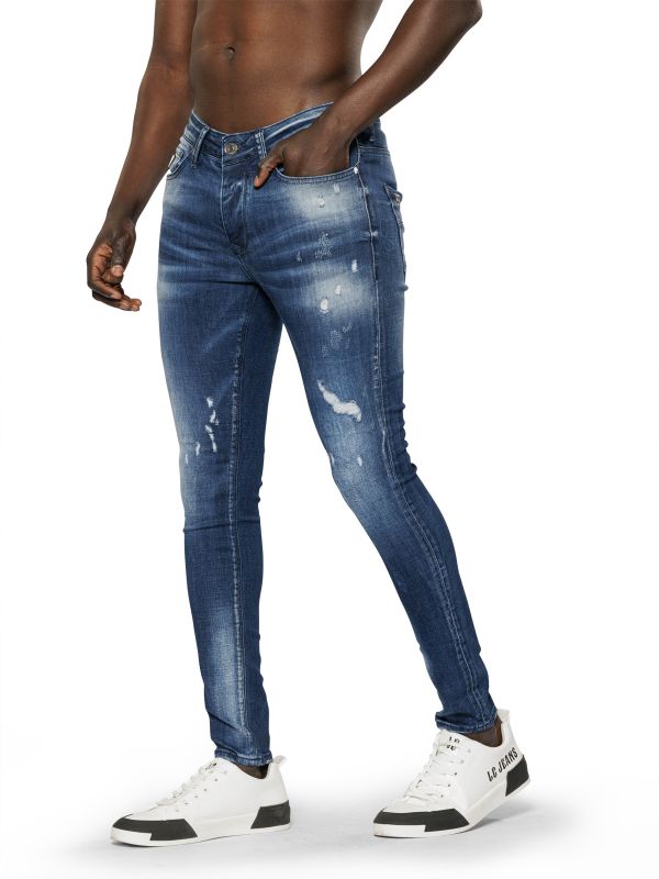 מכנסי ג’ינס סקיני בצבע כחול משופשף עם קרעים לגברים
