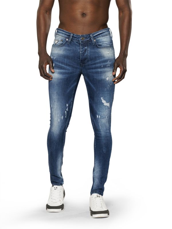 מכנסי ג’ינס סקיני בצבע כחול משופשף עם קרעים לגברים