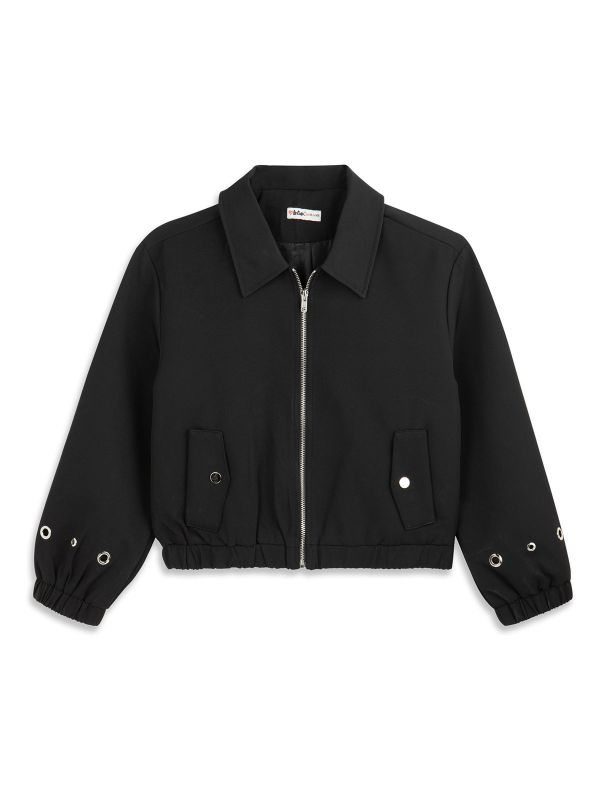 ז’קט קרופ שחור עם חגורה בנות