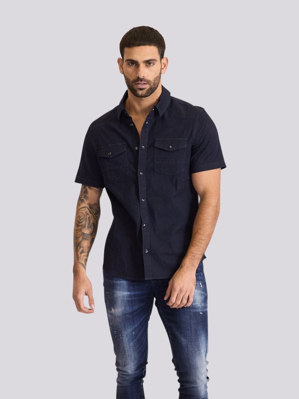 חולצה מכופתרת עם שרוול קצר מבד ” פשתן-כותנה”  לגברים