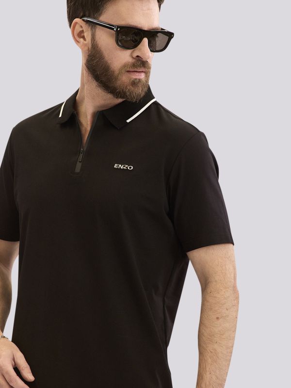 חולצת פולו אופנתית עם סגירת רוכסן ומיתוג צד לגברים